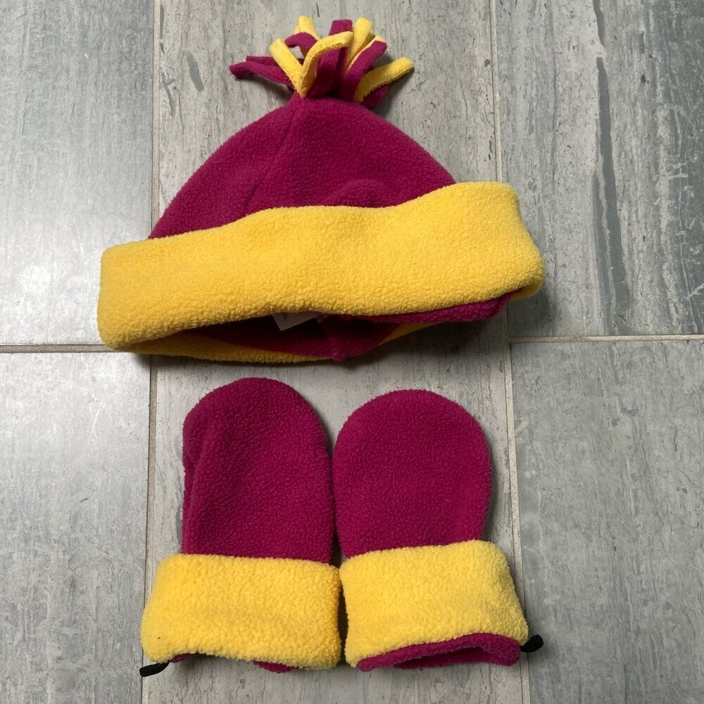 Lands' End Pom Pom Fleece Beanie and Mittens Set Red Yellow Size XS